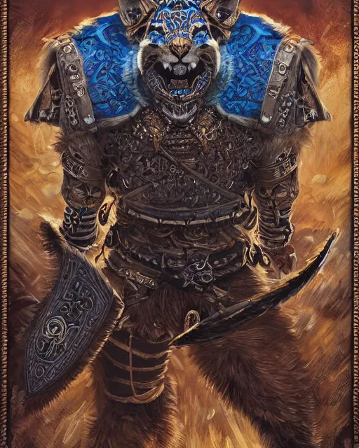 Prompt: digital painting of an aztec jaguar knight by filipe pagliuso and justin gerard, symmetric, fantasy, detailed, intricate, portrait, sharp focus, tarot card, handsome, gwent