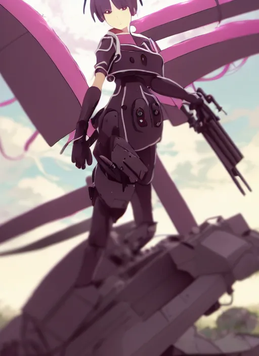 Image similar to homura akemi character, battlefield landscape, illustration concept art anime key visual trending pixiv fanbox by wlop and greg rutkowski and makoto shinkai and studio ghibli and kyoto animation, soldier clothing, cyborg parts, call of duty mecha exoskeleton, grimdark, volumetric lighting, battle tank turret