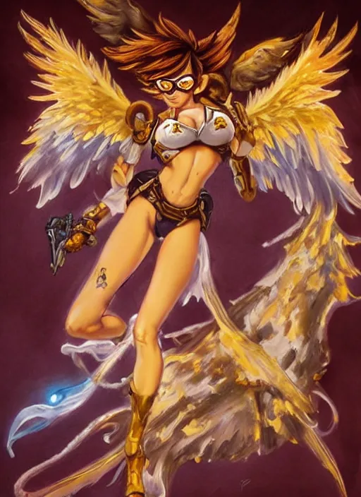 Prompt: full body oil painting of tracer overwatch in the style of frank frazetta, angel wings, dramatic painting, symmetrical composition, ornate, golden chains, silky garment, high detail, gold detailed collar!!!!!, blooming, angelic, lights, flowers, heavenly, bright, detailed face,