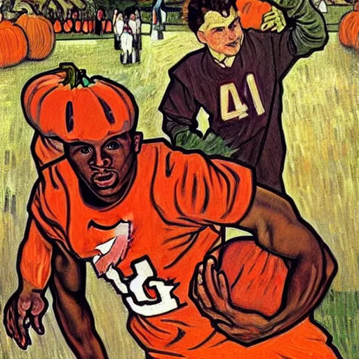 Image similar to painting of arkansas razorbacks players at the halloween jack o'lantern party, elegant, clear, painting, stylized, delicate, soft facial features, art, art by alphonse mucha, vincent van gogh, egon schiele