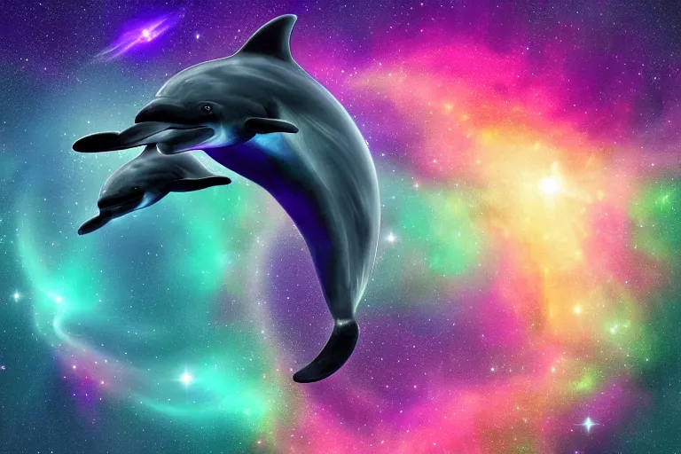 Prompt: a bioluminescent dolphin swimming through a space nebula leaving stardust trails, digital art, photorealistic