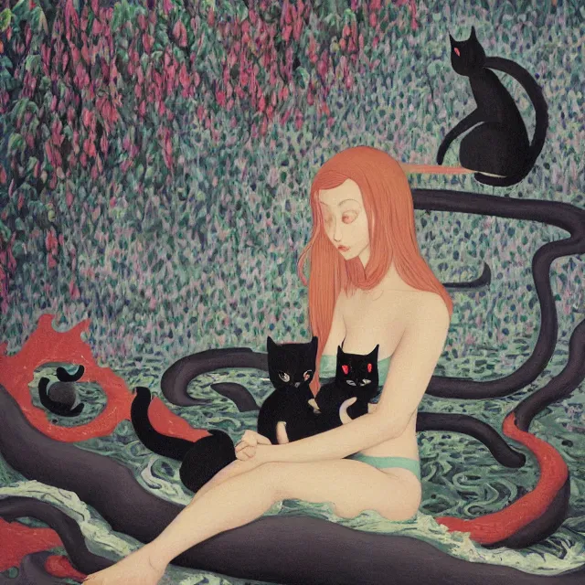 Image similar to tall female catgirl artist holding a black cat in her flooded apartment, pomegranates, octopus, water gushing from ceiling, painting of flood waters inside an artist's apartment, a river flooding indoors, mushrooms, ikebana, zen, rapids, waterfall, black swans, canoe, berries, acrylic on canvas, surrealist, by magritte and monet