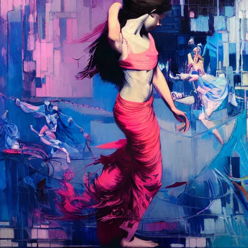 Prompt: portrait of beautiful girl sensual dancing, ecstatic, wonderful techno party, shades of blue, utopia, by by greg rutkowski, by jeremy mann, by francoise nielly, by vincent van gogh