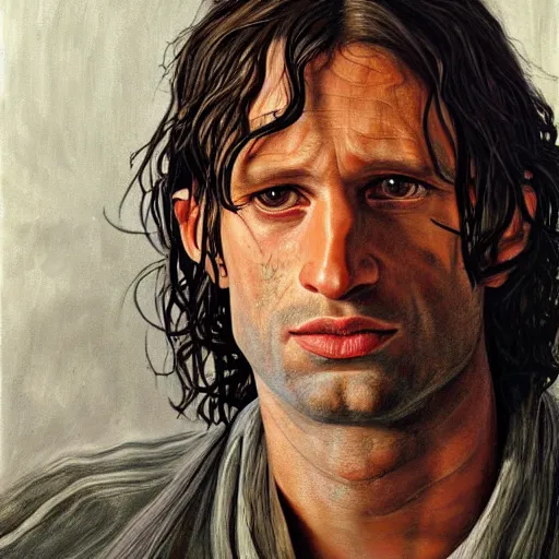 Image similar to high quality high detail painting by lucian freud, hd, aragorn from lord of the rings