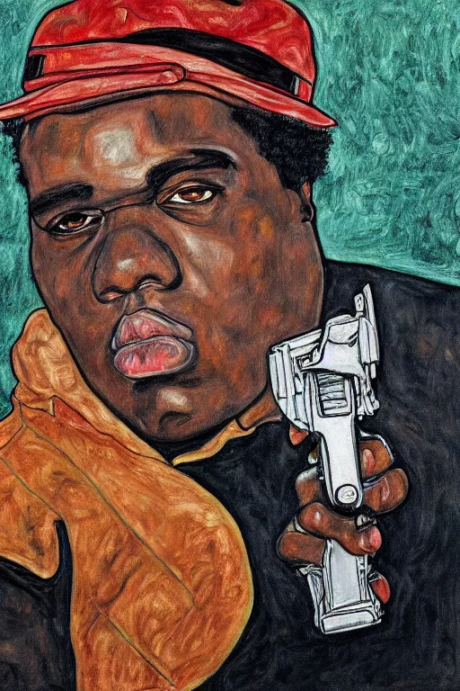 Image similar to a portrait of biggie smalls pointing a gun in style of egon schiele, masterpiece, hyperdetailed, complex, intricate, 4 k, trending on artstation