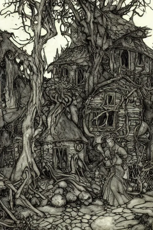 Image similar to a witch's cottage in a dark forest, with several broken statues, by arthur rackham and edmund dulac, HD, 4k, 8k, incredibly detailed, intricate, ominous, masterpiece, digital illustration, trending on artstation