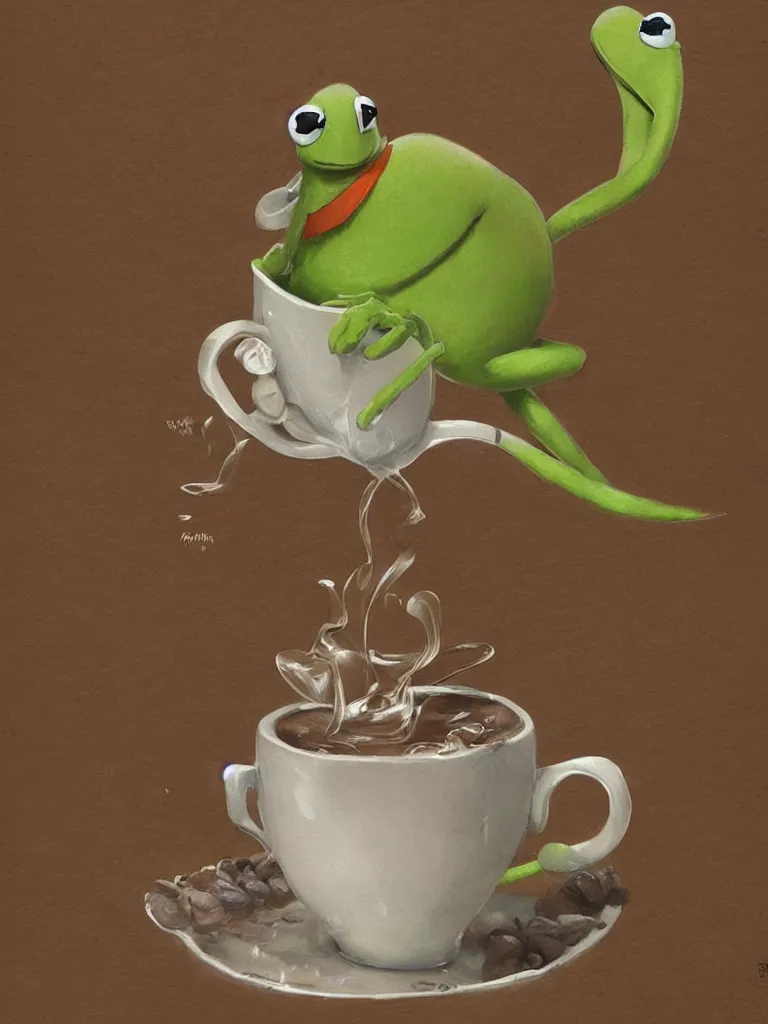 Prompt: kermit offers a cup of fresh steaming coffee, serene illustration, by Yoshita Amano, by Esao Andrews, sharp focus, fresh colors, conceptart, trending on artstation