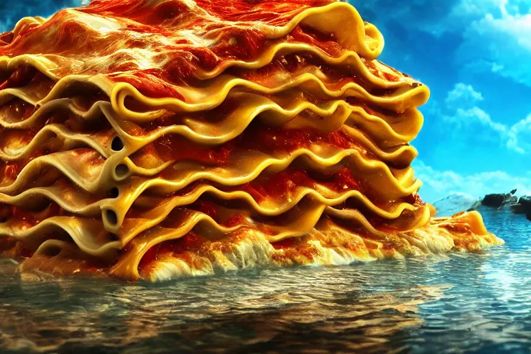 Prompt: the sea made of Lasagna, wide angle, photorealistic, cinematic lighting, high detail, cinematic feel, high octane, 4K, Unreal Engine