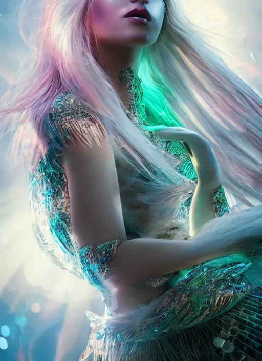 Image similar to beauteous practical sumptuous biomechanical with incredible iridescent pearlescent voluminous neon hair, crystalline masterpiece incrustations, hyperdetailed face, elegant pose, movie still, intricate, octane render, cinematic forest lighting, unreal engine, crepuscular rays, god rays