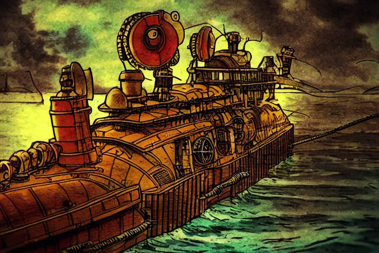 Image similar to steampunk submarine!, in the style ofjean henri gaston giraud, trending on artstation, halfrear lighting closeup view anaglyph filter, bokeh, anime, comic book art