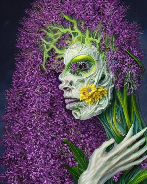 Prompt: Haunting horrifying detailed painting of a tall skinny extraterrestrial flower monster made of lilacs, roses, lilies and daffodils, light leak, spectrum, and bloodshot eyeballs, hyper detailed, trending on Artstation