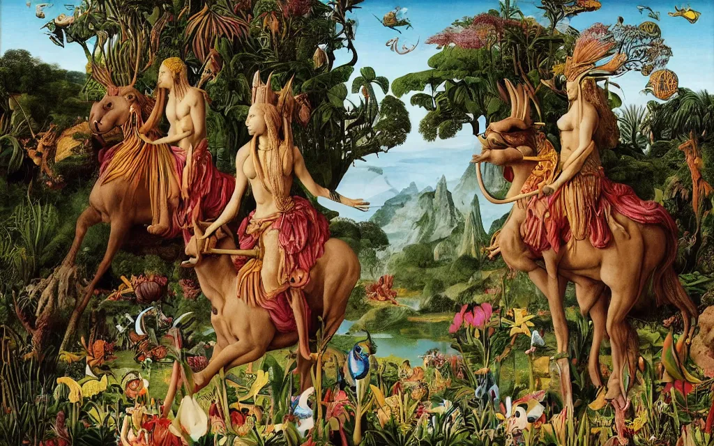 Prompt: a portrait photograph of a meditating sphinx and a centaur king riding birds and hugging tropical animals at a river delta. surrounded by bulbous flowers, animals and trees. mountain range under a blue sky of burning stars. painted by jan van eyck, max ernst, ernst haeckel and ernst fuchs, cgsociety, artstation, fashion editorial, 8 k