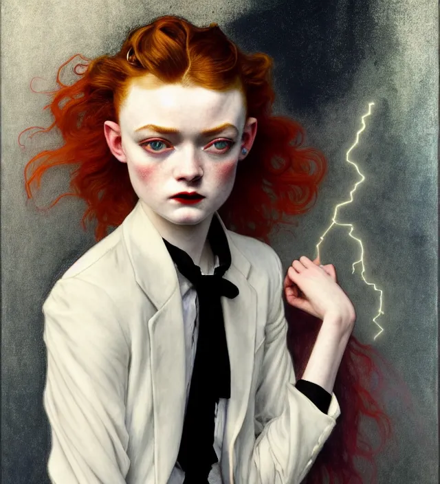 Image similar to sadie sink stunning portrait of highly details androgynous ruby rose as desire from sandman, rockabilly style, white suit and black tie,, by egon shiele and alphonse mucha, with influence of jeremy mann, peter lindbergh, dave mckean, maurice sapiro, and frank moth, soft lightning, highly detailed, 8 k