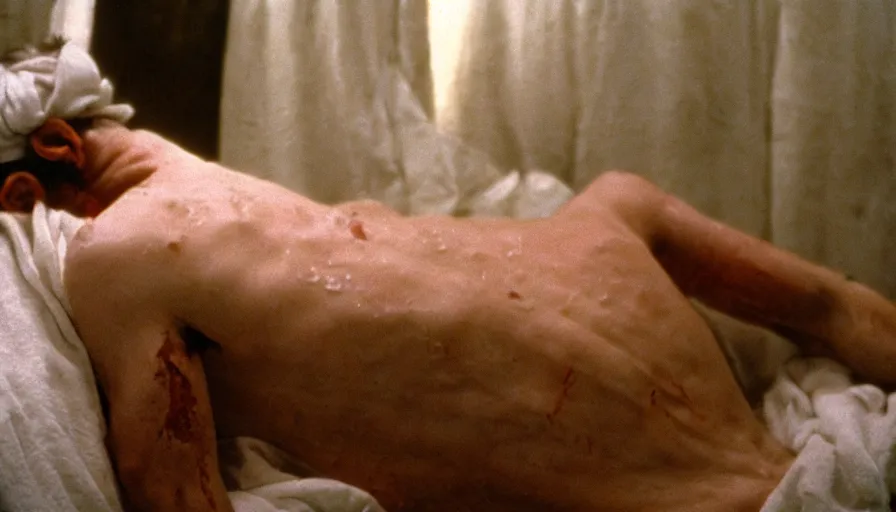 Image similar to movie still of jean - paul marat a wound at the chest, bleeding in the bath, cinestill 8 0 0 t 3 5 mm, high quality, heavy grain, high detail, cinematic composition, dramatic light, anamorphic, ultra wide lens, hyperrealistic, by fellini