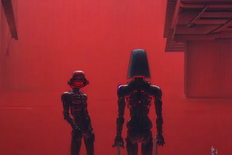 Image similar to only with red, a red cyborg samurai, tokio futuristic in background, some evil yokai, in the style of beksinski, parts by edward hopper, parts by rodcenko, parts by yue minjun, intricate and epic composition, red by caravaggio, insanely quality, highly detailed, masterpiece, red light, artstation, 4 k