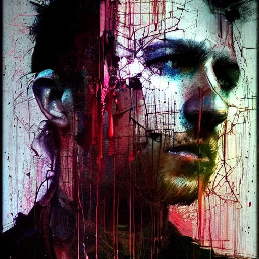 Prompt: man stealing the energy from another man, wires, cybernetic machines and decay moody hyperrealism 8 k photo atmospheric by jeremy mann francis bacon and agnes cecile ink drips paint smears digital glitches glitchart