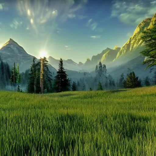 Image similar to magical landscape with a meadow in the foreground, a forest in the background and a mountain on the horizon, realistic, detailed, cinematic light, art by unreal engine 5 art-w1280