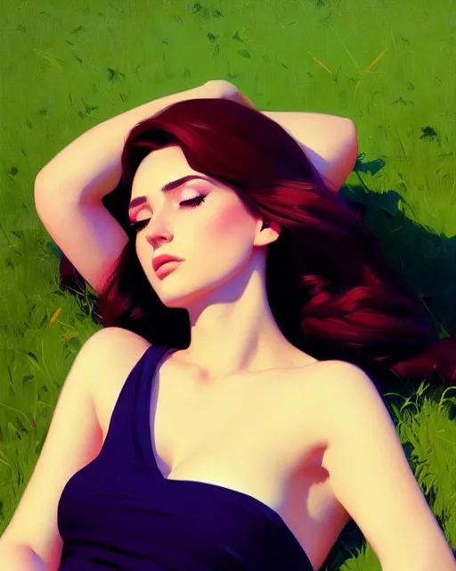 Prompt: stylized portrait by aykutmakut of an artistic pose, composition, young fancy lady laying in the grass, cinematic moody colors, realistic shaded, fine details, realistic shaded lighting poster by ilya kuvshinov, magali villeneuve, artgerm, jeremy lipkin and michael garmash and rob rey