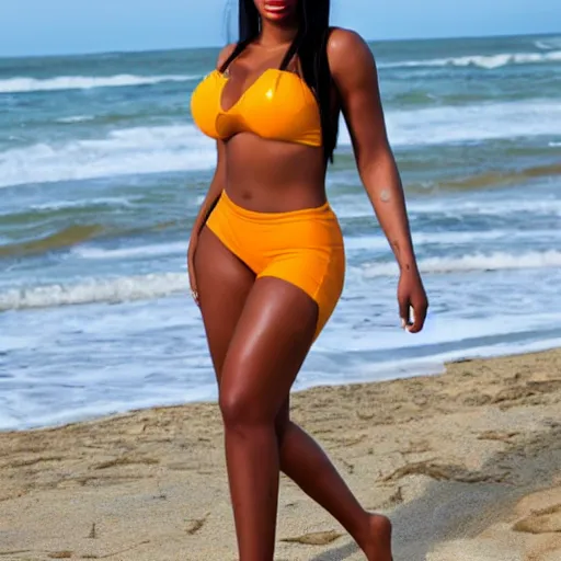 Image similar to megan thee stallion in beach setting, full body