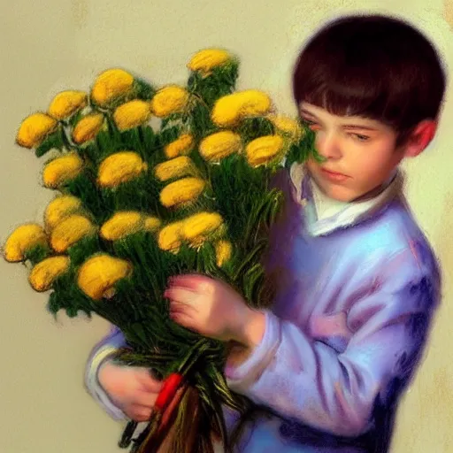 Prompt: a young boy is holding a bouquet of flowers, a pastel by bourgeois, pixabay, art & language, stockphoto, ilya kuvshinov, vray