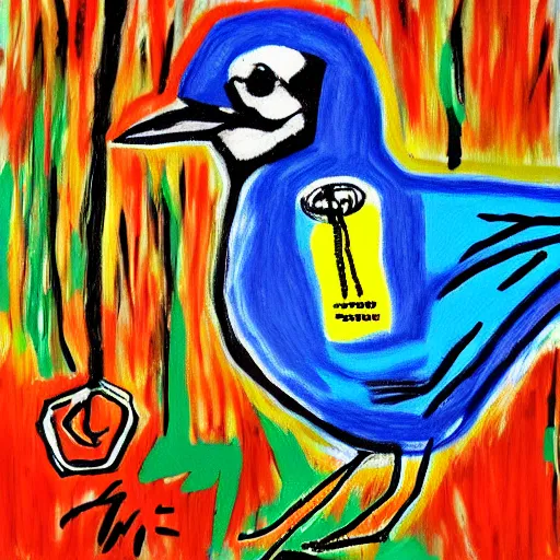 Prompt: bluejay by a river in an autumnal forest, painted by jean michel basquiat