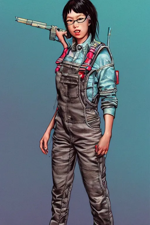 Image similar to a full body illustration of an asian female cyberpunk character wearing dungarees, highly detailed, oil on canvas, soft lighting, neon pastel colors, by Glenn Fabry, by Greg Staples, by Jean Giraud, HD, 4K