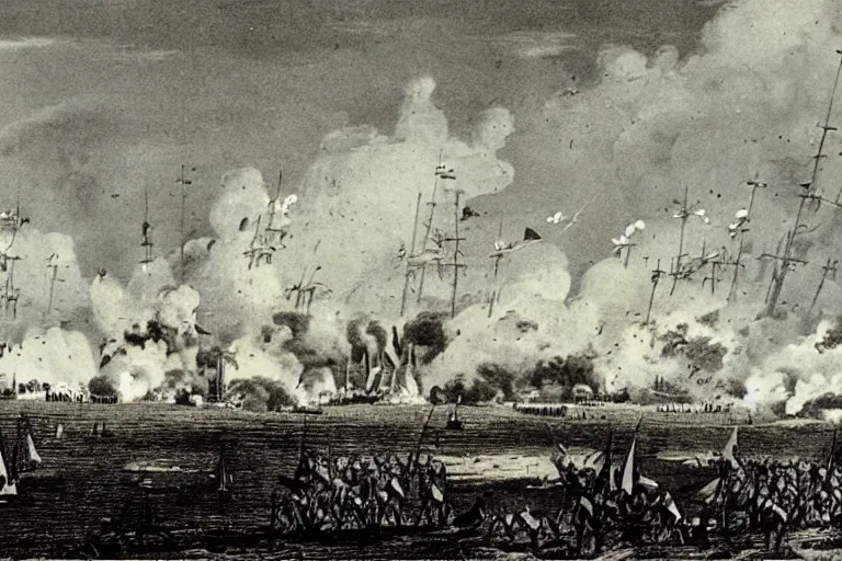 Prompt: movie still from the bombardment of fort mchenry, 1 8 1 4