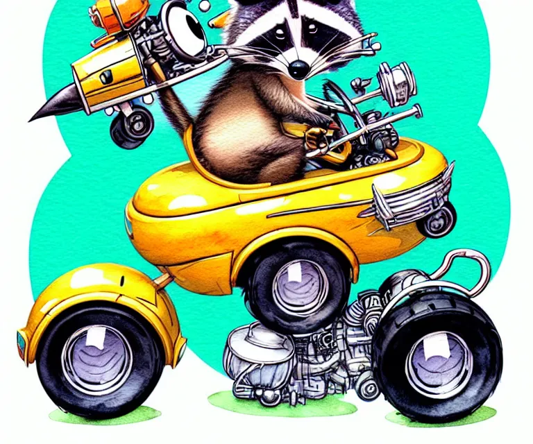 Image similar to cute and funny, racoon wearing a helmet riding in a tiny hot rod with oversized engine, ratfink style by ed roth, centered award winning watercolor pen illustration, isometric illustration by chihiro iwasaki, edited by range murata, tiny details by artgerm and watercolor girl, symmetrically isometrically centered