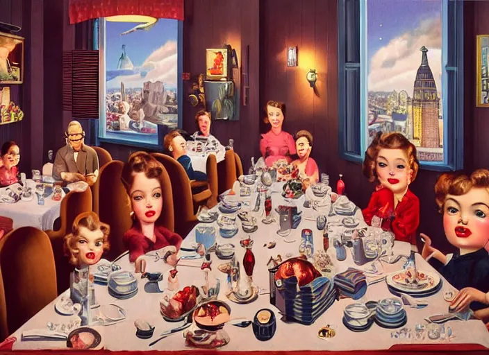 Prompt: inside 1 9 5 0 s dinner, lowbrow, matte painting, 3 - d highly detailed, in the style of mark ryden,