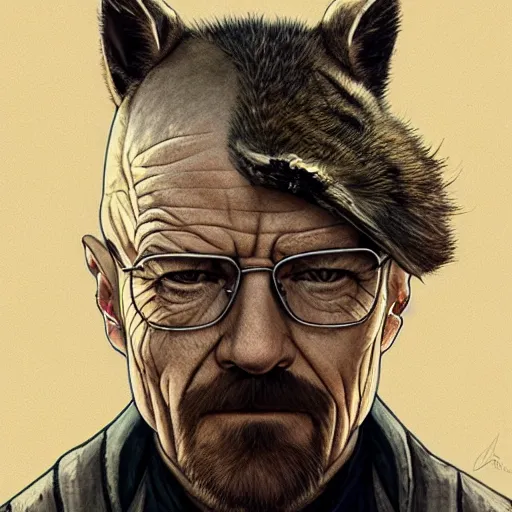 Image similar to walter white and a raccoon, intricate, highly detailed, digital painting, artstation, concept art, smooth, sharp focus, illustration, unreal engine 5, 8 k, art by artgerm and greg rutkowski and alphonse mucha