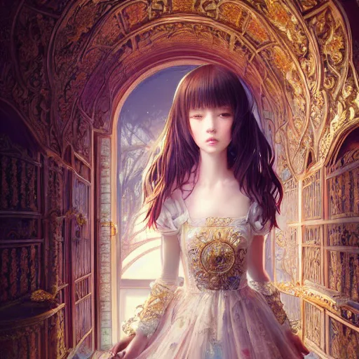 Image similar to beautiful young girl in intricate clothing by artgerm, walking in a castle painted by wlop, reflections, very high intricate details, painting, digital anime art, medium shot, mid - shot, ilya kuvshinov, krenz cushart, greg rutkowski, sana takeda