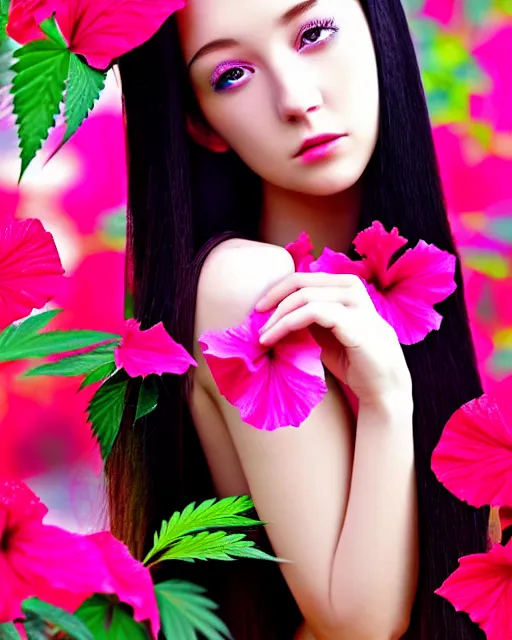 Prompt: an stunning beautiful girl is surrounded by colourful hibiscus flowers and marijuana plants, symmetric face and eyes, manga style, long straight black hair, visible face 8 k, soft focus, melanchonic soft light, volumetric lighting, highly detailed realistic, refined, highly detailed, soft blur outdoor lighting, fine art fashion photography 5 0 mm f 2