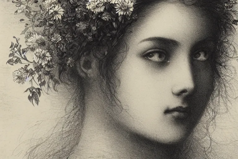 Image similar to black and white, close-up of high detailed young french woman face covered by flowers, Gustave Dore lithography