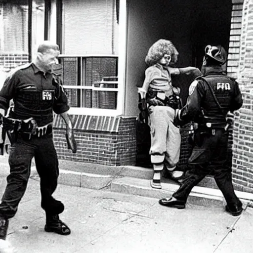 Image similar to Ronald McDonald being arrested in an early morning raid by the FBI