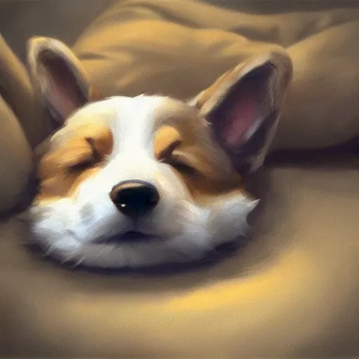 Prompt: a cute corgi sleeping. soft, atmospheric, warm lighting. highly detailed digital painting by mandy jurgens.