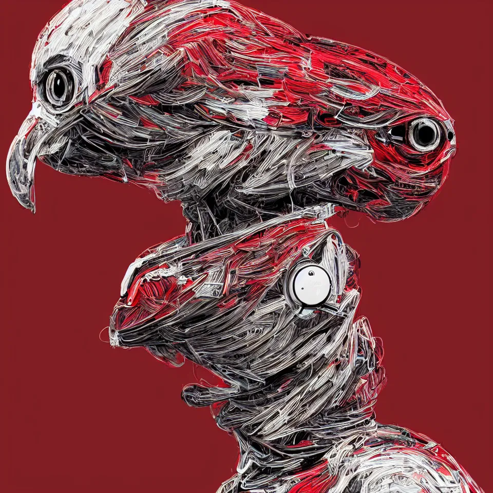 Image similar to beautiful artistic highly detailed portrait robotic bird, with head phones, digital painting, digital art, beautiful, cinematic, 4 k, ultra hd, art by frank miller, dynamic lighting, gradient dark red, cream and white color scheme