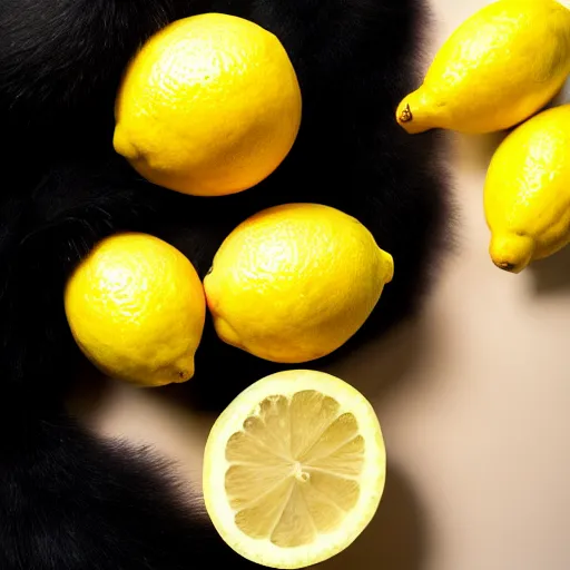 Image similar to a lemon, laying on black fur, photography