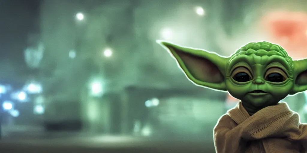 Image similar to fireworks form shapes the resemble baby yoda. 8 k, 4 k, hq, 3 d render, digital art, dramatic lighting, comedy, science fiction, hyper realistic, ultra detailed. style of arrival, fifth element.