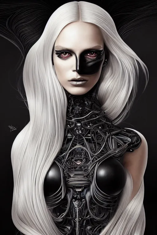 Image similar to Supermodel woman turning into an Android portrait, dark surrealism , scifi, intricate design, elegant, sharp black eyebrows, ornate long flowing platinum neon blonde hair and small black streaks, highly detailed cybernetic body, glowing eyes, digital painting, artstation, concept art, smooth, sharp focus, illustration, art by Artgerm and moebius and Peter Mohrbacher