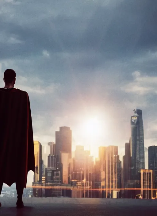 Prompt: a 3 5 mm photo from the back of a superhero wearing a cape standing in front of a city, splash art, movie still, bokeh, canon 5 0 mm, cinematic lighting, dramatic, film, photography, golden hour, depth of field, award - winning, anamorphic lens flare, 8 k, hyper detailed, 3 5 mm film grain