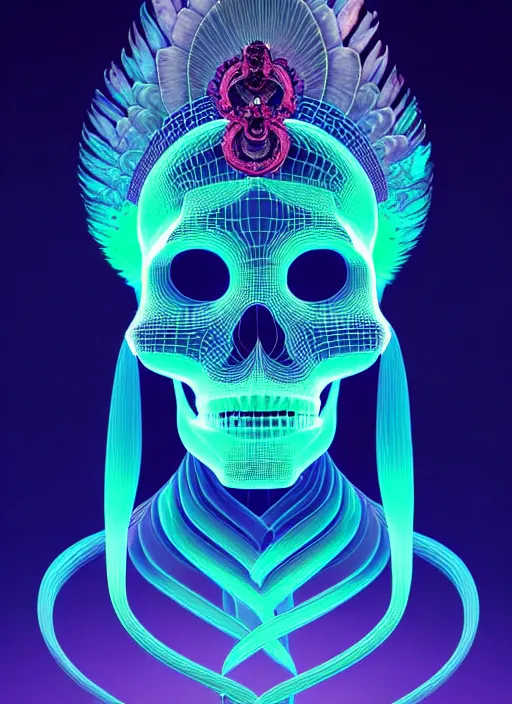 Prompt: 3 d goddess profile portrait, sigma 5 0 0 mm f / 5. beautiful intricate highly detailed quetzalcoatl skull and feathers. bioluminescent, plasma, lava, ice, water, wind, creature, thunderstorm! artwork by tooth wu and wlop and beeple and greg rutkowski, 8 k trending on artstation,