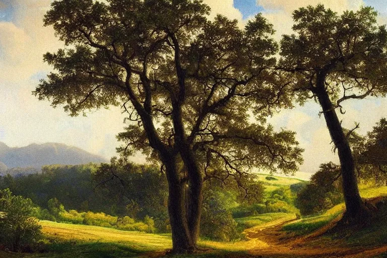 Image similar to masterpiece painting of oak trees on a hillside overlooking a creek, dramatic lighting, by edwin holgate