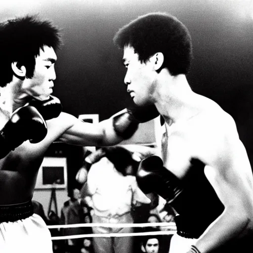 Image similar to bruce lee vs muhammad ali, arena fight, boxing ring