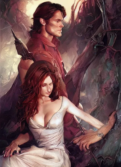 Image similar to sam winchester in a bodice - ripper romantic book cover illustration art by peter andrew jones, artgerm, wlop. fantasy style, sharp focus!, ultra detailed,