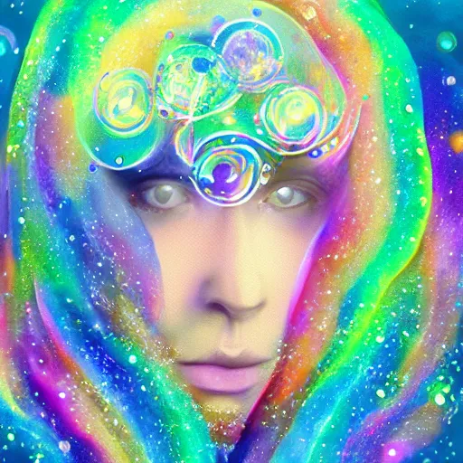 Prompt: portrait of magical mystery tour, dreamy and ethereal, fantasy, intricate, elegant, rainbow bubbles, highly detailed, digital painting, concept art, smooth, sharp focus, illustration