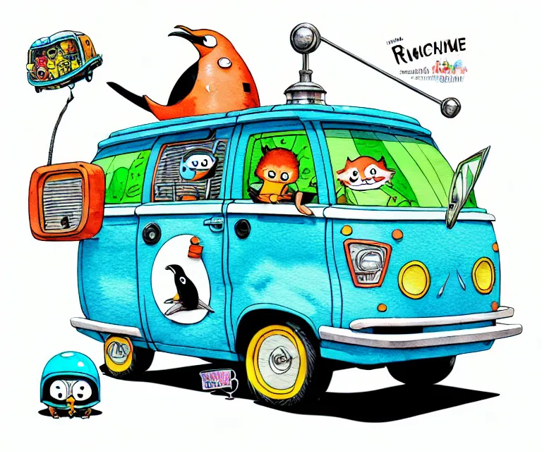 Prompt: cute and funny, penguin wearing a helmet riding in a tiny mystery machine van with an oversized engine, ratfink style by ed roth, centered award winning watercolor pen illustration, isometric illustration by chihiro iwasaki, edited by range murata, tiny details by artgerm and watercolor girl, symmetrically isometrically centered, sharply focused