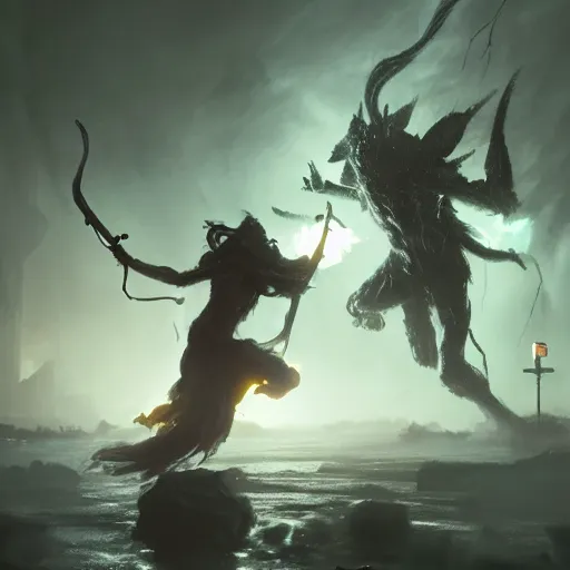 Image similar to a lightning demon fighting a shadow demon at the gates of hell, greg rutkowski, 8 k, shallow depth of field, moody lighting, ultra high detail, concept art,