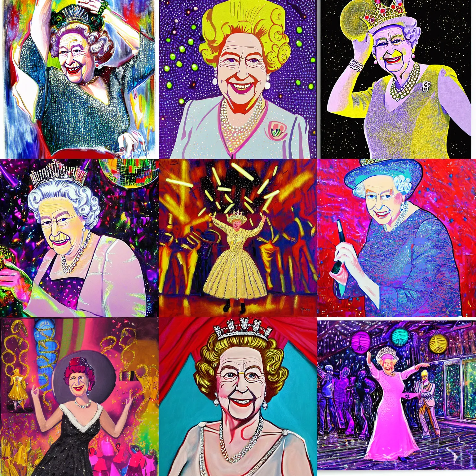 Prompt: portrait of queen elizabeth ii dancing at a disco, disco ball, nightclub, funky, by ryan pancoast