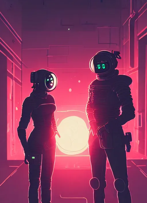 Image similar to cyberpunk warrior couple in space helmets , raining, in an alien alley at night back lit, by webang111 and Maciej Kuciara and Ilya Kuvshinov, trending on artstation