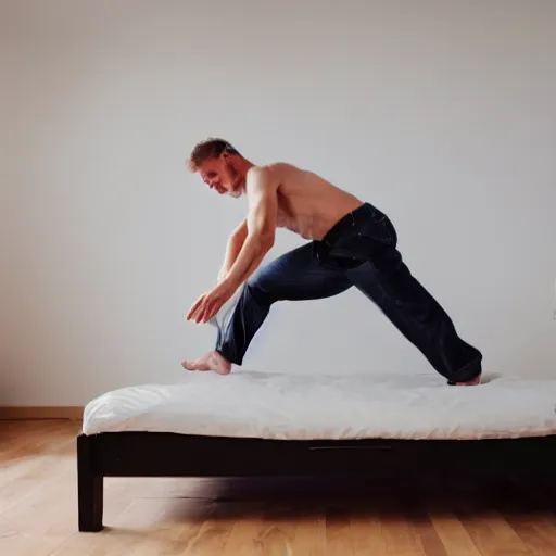 Prompt: a man doing a somersault on the bed